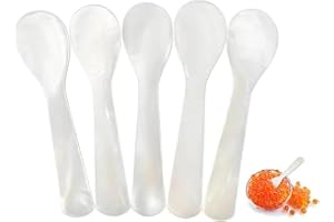LLMSIX 5 st kaviarskedar, pärlemor sked med handhantverk, runt handtag, pärlsked för kaviarägg, glass, kaffeskalskedar