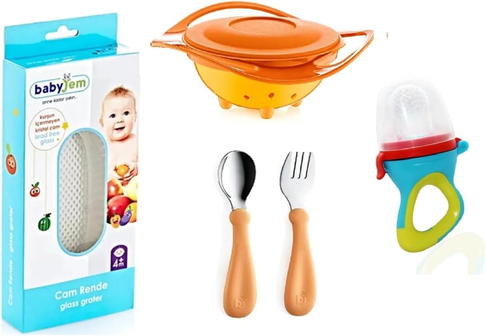 Babyjem Mama Seti, Cam Rende, Dökülmeyen Tabak, Paslanmaz Çelik Çatal Kaşık, Silikon Uçlu Meyve Sebze Emziği