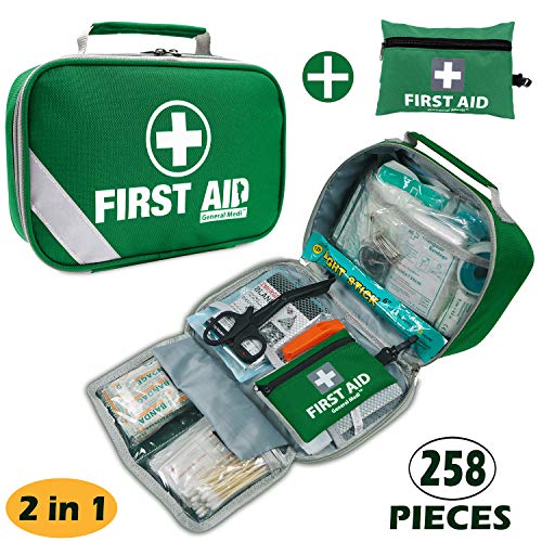 First Aid Kit (215 Pieces) + Bonus 43 Pieces Mini First Aid Kit - Includes Emergency Blanket, Bandage, Scissors for Home, Car, Camping, Office, Boat, and Traveling