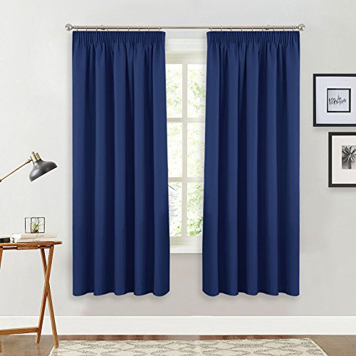 PONYDANCE Blackout Window Curtains for Kitchen Super Soft Solid Room Darkening Thermal Insulated Light Blocking Drapery Top Tape Pencil Pleat Curtain Drapes, 2 Panels, W 46 x L 72 Inch, Navy Blue