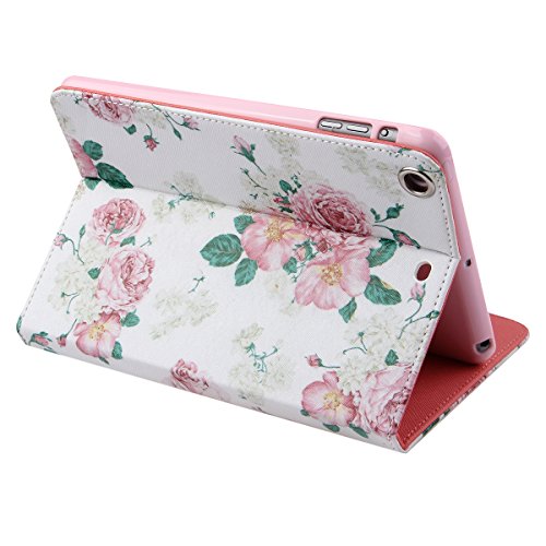 iPad mini 2 Lederhülle – Felfy Slim Full Body Elegant Schön Roses Muster PU Case Cover Etui Schutz Hülle Tasche für Apple ipad mini 3 mini 2 mini 1 + 1x Pink Blume Anti Stöpsel + 1x Rosa Stylus - 3
