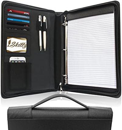 Skittz Zipped A4 Conference Folder Leather Document Business Portfolio Case With Carry Handle &amp; Removable 3 Ring Organizer