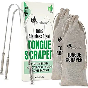 Tongue Scraper with Travel Cotton Pouches - 2 Pack, Fights Bad Breath, Medical Grade 100% Stainless Steel, Great for Oral Care, Tongue Cleaner for Adults and Kids, Easy to Use with Non-Synthetic Handle