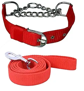 PSK PET MART Dog Belt Adjustable Combo of Nylon 1 Inch Choke Collar with Nylon Leash 1 Inch 60 Inch Lengthy, Dog Choke Collar & Leash for Your Dogs (Red)