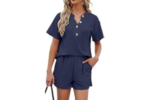OLIPHEE Mujer Conjunto Waffle Dos Piezas Pantalones Cortos y Top Camisa Con Botones Traje de Punto Conjunto de Pijama Casual Moda Color Sólido
