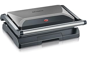SEVERIN - Parrilla eléctrica y grill de contacto sobremesa, plancha sandwichera antiadherente, parrilla de mesa con bandeja recogegrasas para fácil limpieza, 22.5x27x8.5 cm, metalizado, 800 W, KG 2394