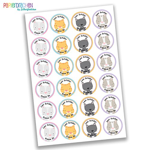 24 individuelle Aufkleber Namenssticker Schule – Motiv Katzen (Set 30) - 2