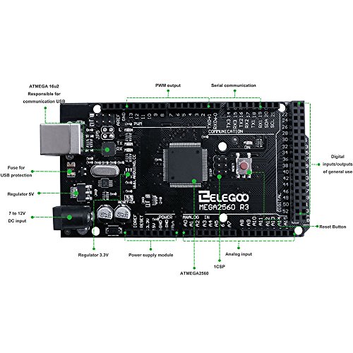 ELEGOO Mega 2560 R3 Tarjeta Mega 2560 Placa con Microcontrolador Basada en el ATmega2560 ATMEGA16U2 con USB Cable Negro Versi  n Compatible con Arduino Mega Kit