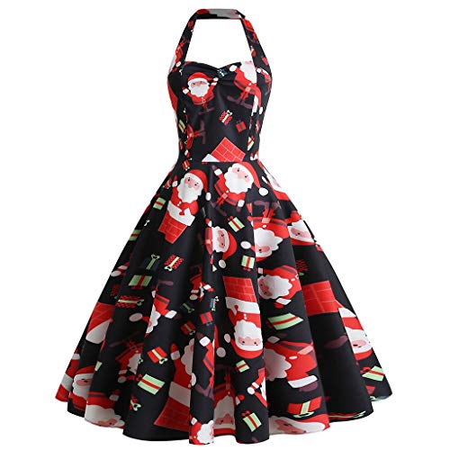 Routefuture Robe de Noël Femme Vintage Élégant Mini Robe, Femmes Vintage 1950's Pin-up Robe de Soirée Cocktail, Style Halter Années 50 à Pois Robes