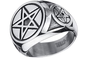 BlackAmazement Anello in acciaio inox 316L, pentagramma a cinque stelle, con piede di drago, pentacolo, argento e nero, da uomo