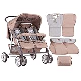 Lorelli Zwillingskinderwagen TWIN Einhand-Klappsystem, Wickeltasche Fußabdeckung beige/bär