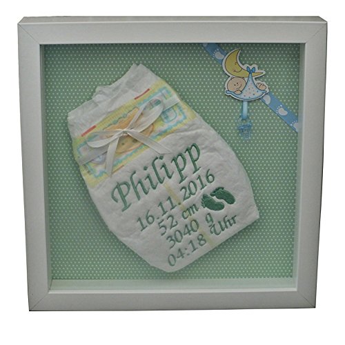 Bestickte Pampers Windel im 3-D Rahmen, Windelbild, Geschenk Taufe oder Geburt - 3