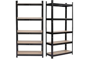 TactFire Lot de 2 Etagères de Rangement à 5 Niveaux, 180 x 90 x 40 cm, Rayonnage Metallique, Étagère de Garage, Montage sans Outil, Capacité de Charge de 80 kg par Niveau, pour Atelier, Garage, Noir