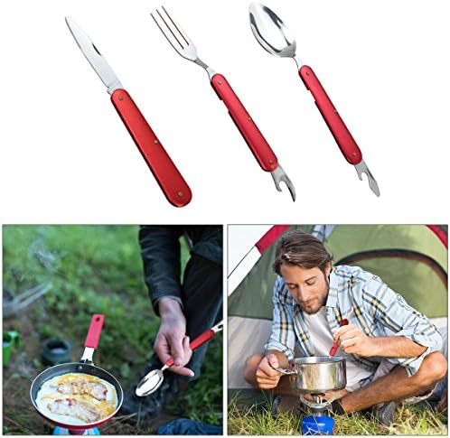 3-in-1 Folding Camping Picnic Utensil - Portable Travel Cutlery Set Tableware Set Foldable Spoon Fork Knife for Outdoor Hiking Picnic BBQ Fishing +Durable Carry Pouch (Red)