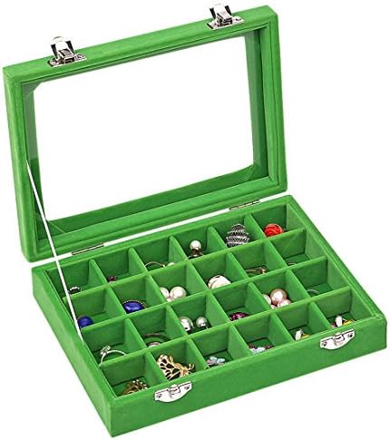 Ivosmart 24 Section Velvet Glass Jewelry Ring Display Organiser Box Tray Holder Earrings Storage Case (Black) (24 Section (Green))
