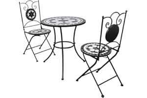 vidaXL Bistro Table 60cm Mosaic with 2 Chairs Black and White Garden Furniture
