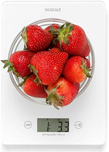Digital Kitchen Scale - For Weight Watchers &amp; Cooks WHT Compact Elegant Design Weighs Food to 11 lbs with 0.1 Ounce or 1 Gram Min Weight Graduation|Quad Sensor Control Large LCD Screen Sealed Tempered Glass Platform for Safety Weighs ML FL Oz and Lbs.