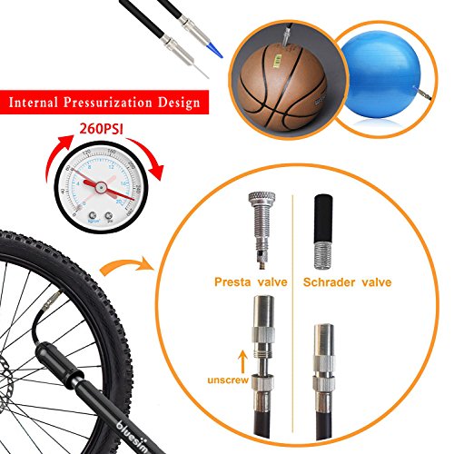 Bluesim Fahrradpumpe Minipumpe Luftpumpe Ballpumpe Standpumpe Mini-Fahrradpumpe mit Befestigungsklammer für Presta & Schrader Ventil hohen Druck 18 bar 260 psi für Fahrrad und Bälle - 8