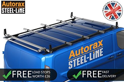 Ford Transit Custom - 5 Steel-Line Roof Bars &amp; Roller Black Side Rails + Free Load Stops &amp; Wind Deflector