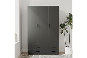 URBNLIVING Modern 3 Door 4 Drawer Wardrobe with Hanging Rail, Bedroom Furniture, Storage Shelf Clothes Organiser Stylish Design, Ample Storage Solution