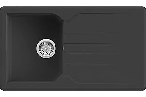 Evhoc Lavello Cucina Sopratop ADHOC S, 1 Vasca con Gocciolatoio, Lavandino Reversibile in Kuarzite, Piletta Inclusa, Made in Italy, Nero, 86x50 cm