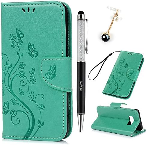 S8 Plus Case, Lanveni Case For Samsung Galaxy S8 Plus Flip Kickstand Wallet Case Cover, Anti-Slip Leather + Full Edge Protection TPU Hybird Shockproof Technology + 1 Stylus Pen + 1 Dust Plug - Green 1