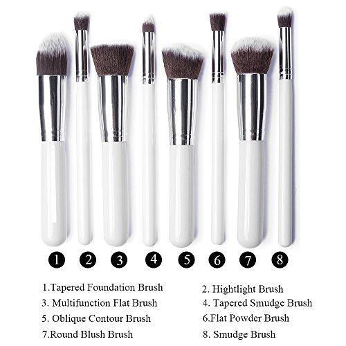 Annengjin®8PCS Professional Makeup Brushes Brush Cosmetic Set Make up Brushes Eyeshadow Eyebrow Shadow Powder Cosmetics Tools Kit (White handle+ Silver tube)