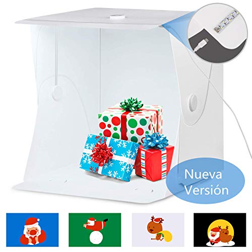 Amzdeal Caja de Luz 40x40x40cm,Caja de Fotografía Portátil con Soporte Firme para Estudio Fotográfico con Tira de LED y 4 Fondos Blanco/Negro/Azul/Verde (Versión Mejorada)