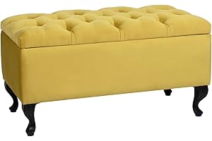 LORDLY Cassapanca Contenitore, Panca Imbottita MODIANO BL 81x42cm – Velluto, Pouf, Poggiapiedi, trapuntato puff, Seduta 2 Posti per Salotto, Corridoio, Camera da letto (Giallo, Gambe Nero)