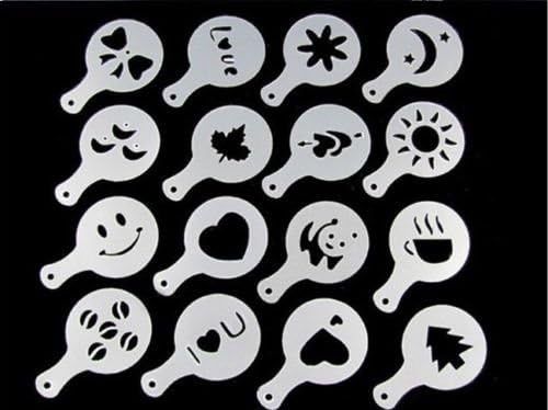 16 Coffee Machine Barista Stencils Template Strew Flowers Pad Duster Spray Art