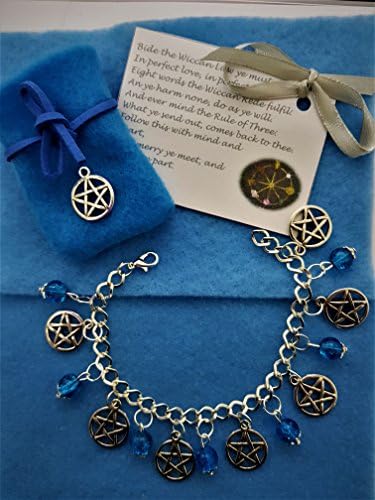 Pagan Protection Pentagram ~ Faux Sapphire Deep Blue ~ Glass Beads ~ Witches Charm Bracelet Gift Set