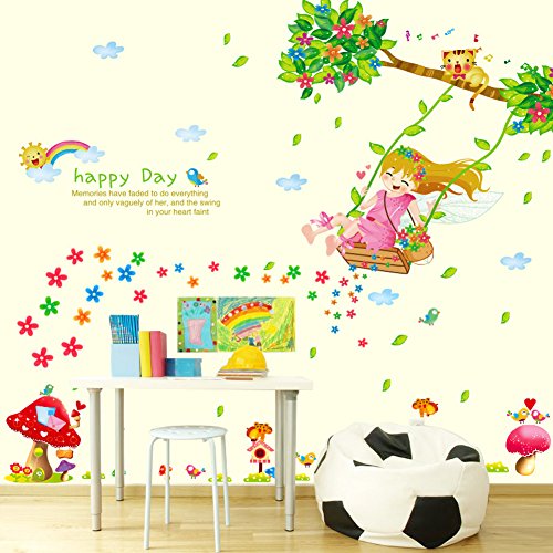 Wallpark Lindo Dibujos animados Niña Columpio debajo Flor Árbol Desmontable Pegatinas de Pared Etiqueta de la Pared, Bebé Niños Hogar Infantiles Dormitorio Vivero DIY Decorativas Arte Murales