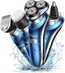 Hatteker 4 in 1 Electric Cordless Wet Dry Face Brush Rotary Shaver, Trimmer for Men for Beard, Nose, Hair (Blue)