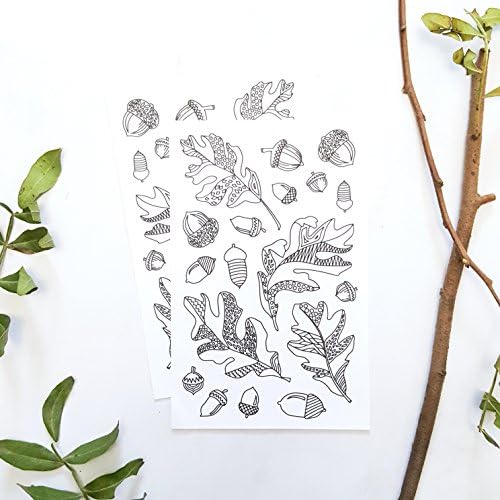 Autumn Themed Adult Coloring Stickers with Oak Leaves and Acorns for Paper Crafts, 2 Sheets