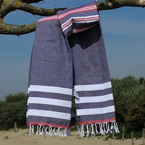ANATURE Seaport – 100% Baumwolle – OEKO-TEX Standard 100 Certificat – Prewashed – super sanft – direkte Nutzung – Hamamtuch – Badetuch – Handtuch Backpacker – Strandtuch – Saunatuch – Babytuch – Turkish Towel – Pestemal – Fouta (Navy Blue/Red) - 2