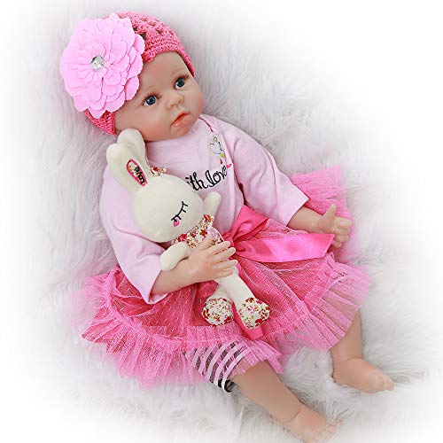 Yesteria Bébé Reborn Poupée Nouveau-né Fille en Silicone Vinyle Robe Rose avec Jouet Lapin 55 cm