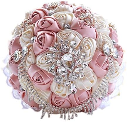 High-end custom princess tassel bouquet luxury rhinestone crystal brooch wedding bouquets holding flower with ribbon for bridal pink ivory