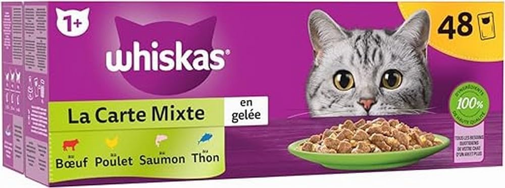 WHISKAS Repas - 48 Sachets Fraîcheur - La Carte Mixte (4 variétés) - Pâtée pour Chat Adulte en Gelée – Nourriture Humide Complète & Equilibrée, Adaptée aux Chats Stérilisés