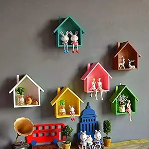 Wood Carver Lodge House Shaped Shelf Wall Mounted Wooden Shelves Hut Display / Storage Unit Kids Room Shelf Set of 6 (Color Combo-3)