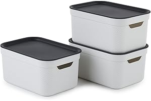 ROTHO Jive Dekobox Juego de 3 cajas de almacenamiento de 5l con tapa, Plástico (PP reciclado), blanco/antracita, 3x5l (26.5 x 18.5 x 13.2 cm)