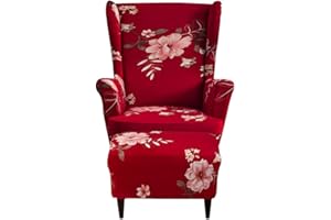 Highdi 2 Teilig Ohrensessel Überzug Mit Ottomane Schonbezug, Sessel-Überwürfe Ohrensessel Schonbezüge Bezug Sesselhusse Stretch Tiger Stuhlbezug mit Armlehne Hohe Rückenlehne (Duftende Blume rot)