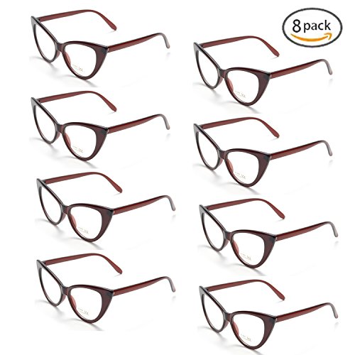 ONNEA 8 Paires Pack de Lunettes de Soleil Fetes Oeil de Chat Couleur pour Adulte Enfant Annee 80 (Lentille Claire Cadre Brun)