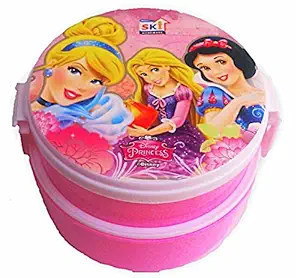 Pawan Plastic Kids Plastic Ski Royal Barbie Printed Double Compartment Round Lock and Fit Lunch Box, Medium (Multicolour)