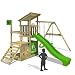 Produktbild FATMOOSE Klettergerüst FruityForest Fun XXL Spielturm Kletterturm Beach-House auf 3 Ebenen schrägem Holzdach, Schaukel mit 2 Sitzen, Rutsche und viel Zubehör