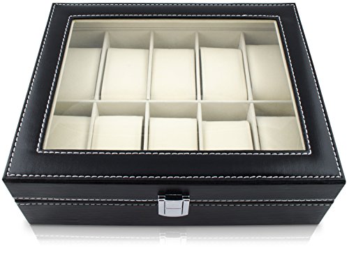 VENKON – Uhrenbox für 10 Uhren mit Schaufenster aus Glas für Aufbewahrung & Präsentation – Kunstleder Schwarz – 25,5 x 20,5 x 8 cm - 4