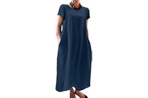 Xnova Vestiti Donna Estivi con Tasche, Scollo Rotondo Vestito in Lino, Manica Corta Lungo Abito Larghe Casual Boho Abiti