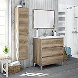 Medidas mueble baño: ancho 80 cm profundo 45 cm Alto 86 cm. Medidas espejo: ancho 80 cm alto 57'5 cm. Medidas lavamanos cerámico: 18 cm alto x 81,5 cm ancho x 46 cm profundo. Medidas columna auxiliar alta: 140 cm alto x 30 cm ancho x 26 cm profundo.