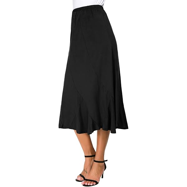 Dames Elegante Verdikte Suède Midirok Elastische Taille A-lijn Flare Splitsing Lange Rok(L, Zwart