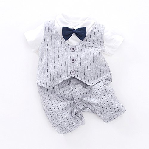 Fairy Baby Baby Outfits Jungen Smoking Anzug Kurze Abendkleider Festliche babymode Kleidung mit Fliege Strampler, Grauer Streifen, 12-18 Monate - 6
