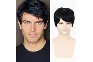 Creamily Peluca de Cabello Humano para Hombre, Peluca Negra Corta para Hombre, Cabello Humano Esponjoso en Capas Naturale, Peluca de pelo Completo, Peluca de Disfraz de Halloween para Hombre